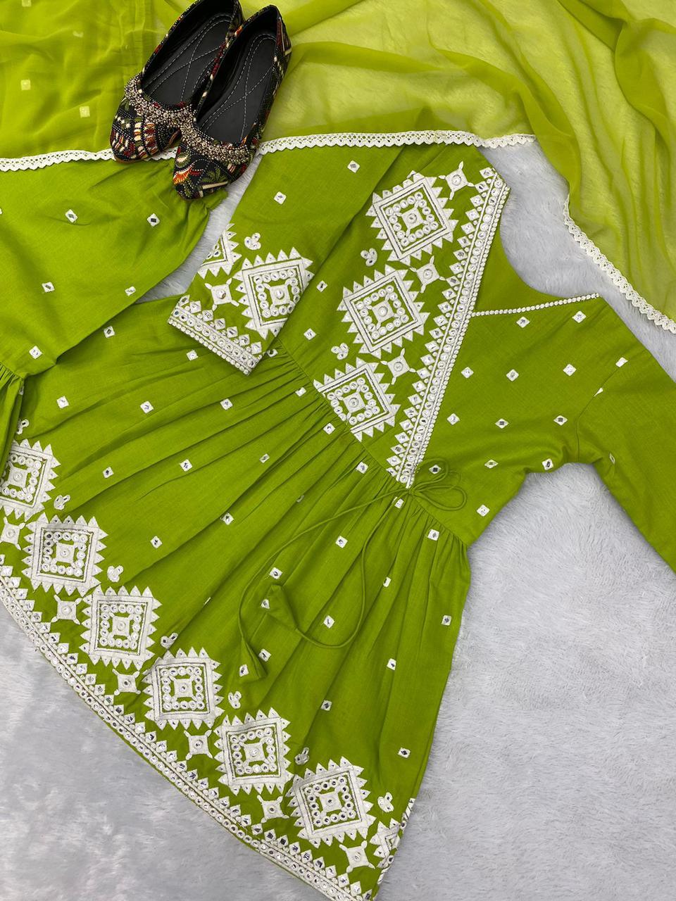 Pretty Parrot Green Color Foil Paper Thread Work Sharara Suit