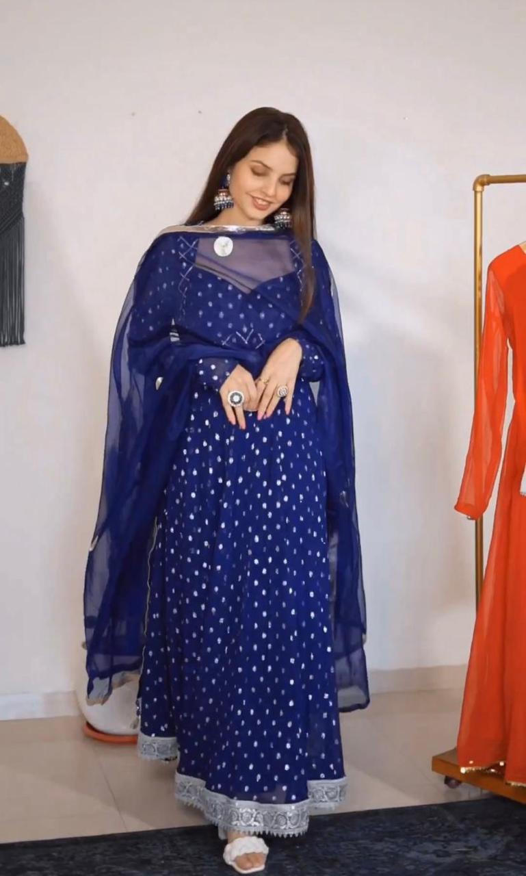 Captivating Blue Color Embroidery Work Gown