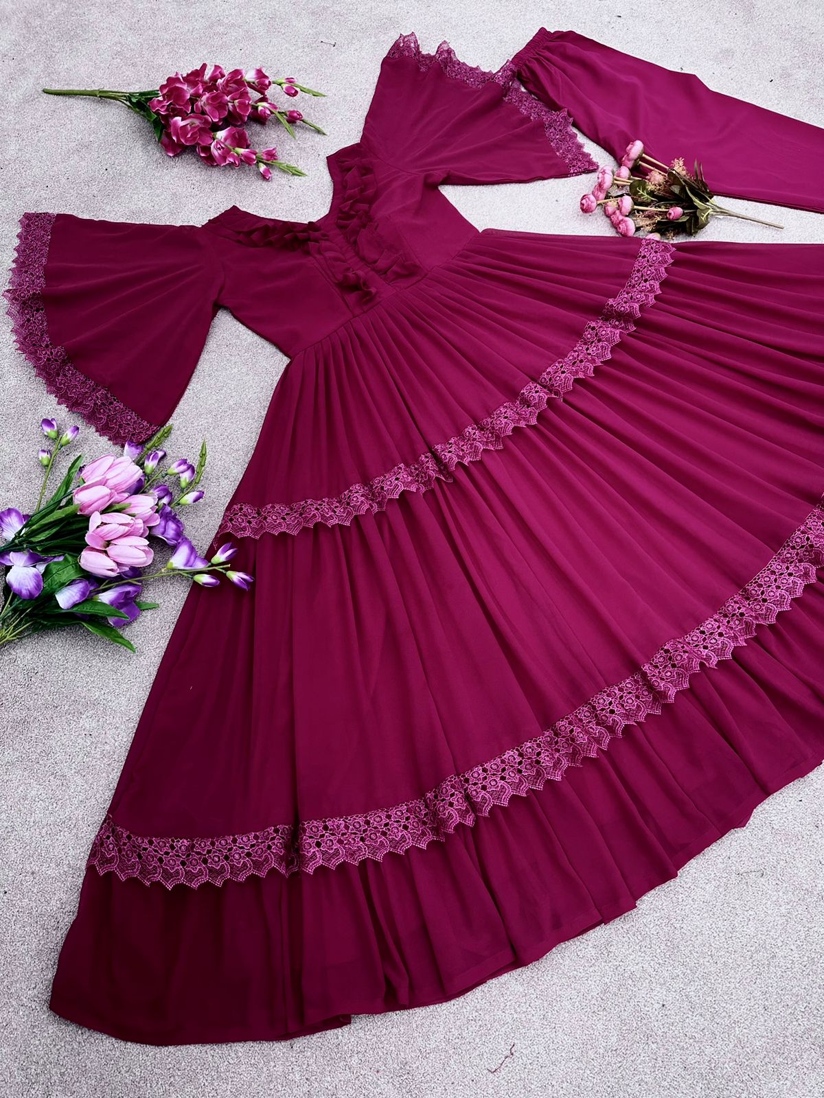 Awesome Wine Color Fancy Sleeve Gown