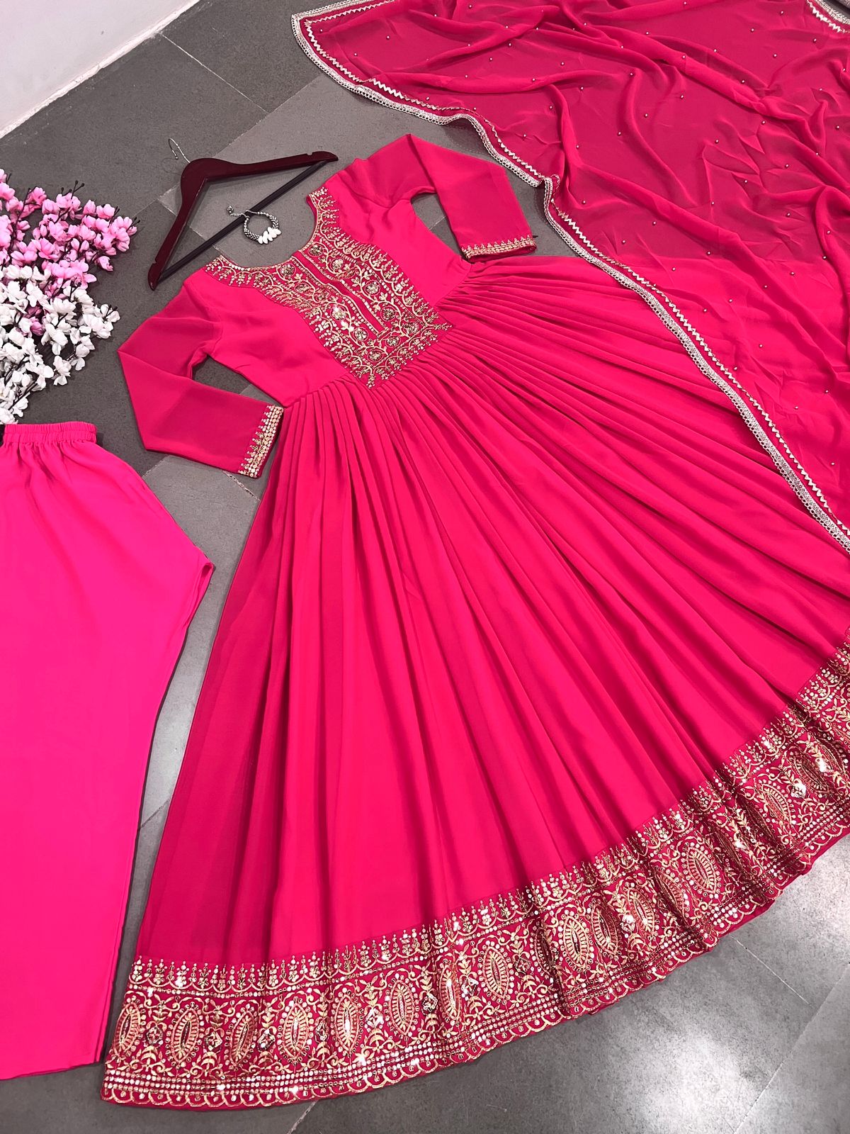 Precious Pink Color Embroidery Work Long Suit