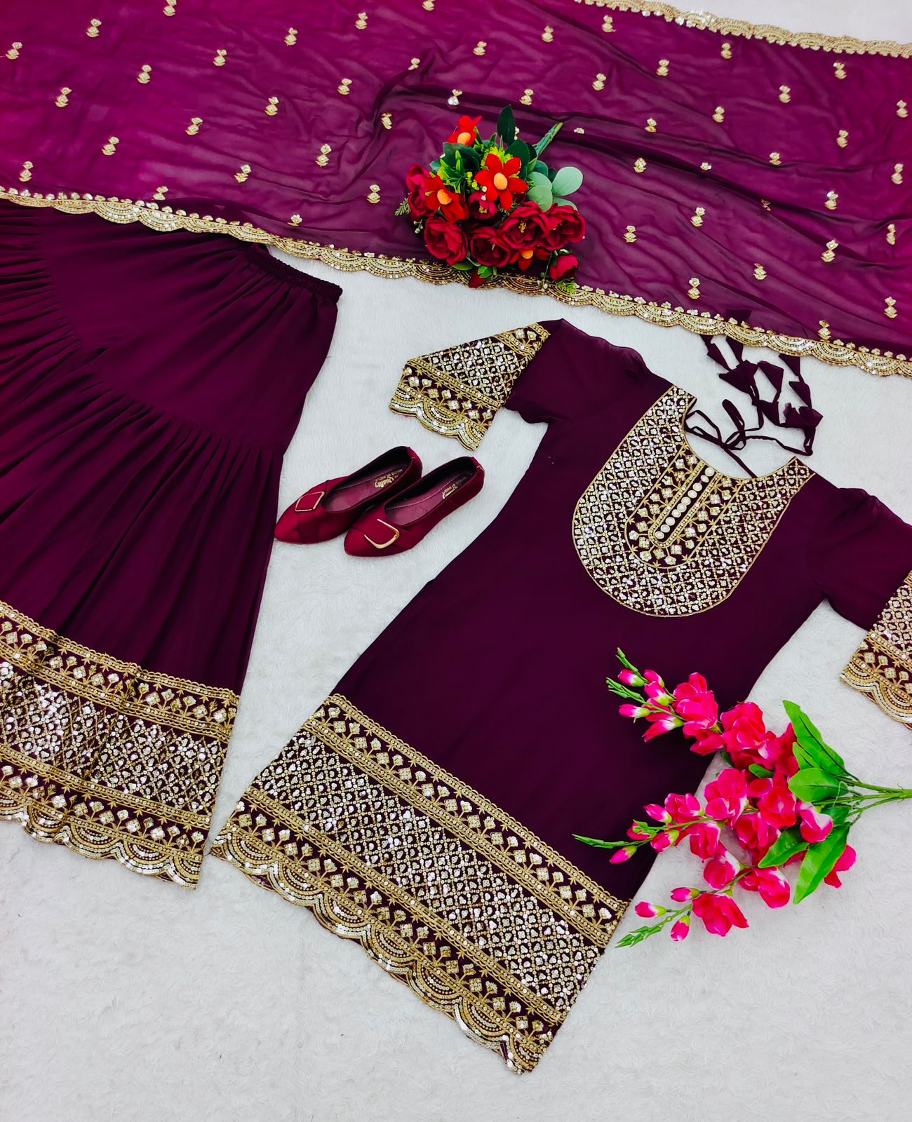 Superhit Wine Color Embroidery Work Sharara Suit