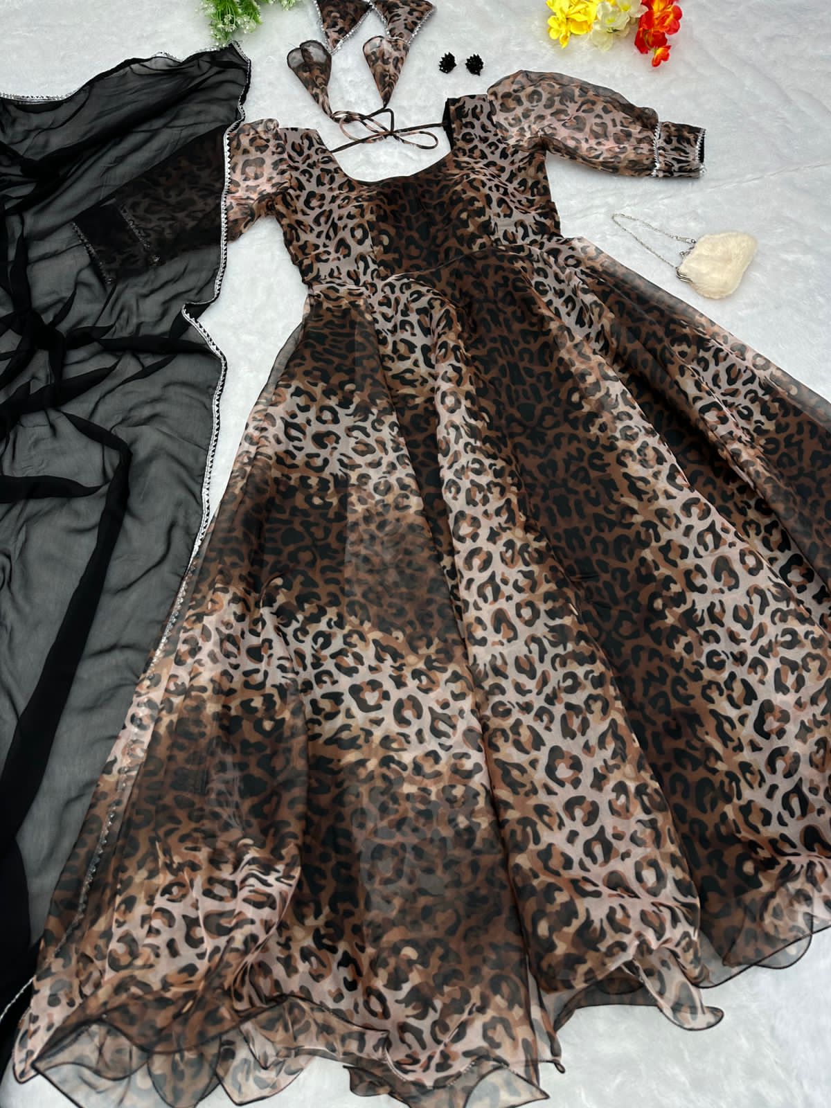 Animal Print Brown Color Organza Silk Gown With Dupatta
