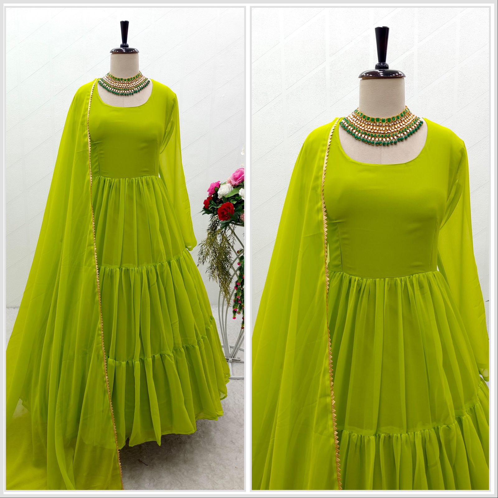 Flattering Parrot Green Color Ruffles Pattern Gown