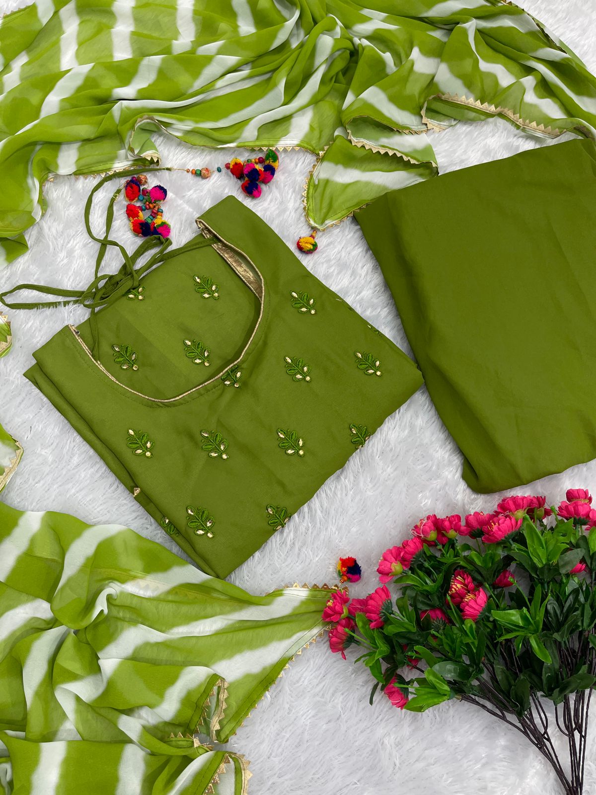 Green Color Work Palazzo Suit With Leheriya Print Dupatta