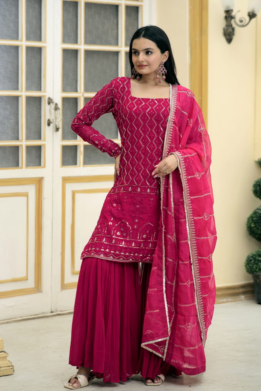 Outstanding Thread Work Pink Color Designer Sharara Suit