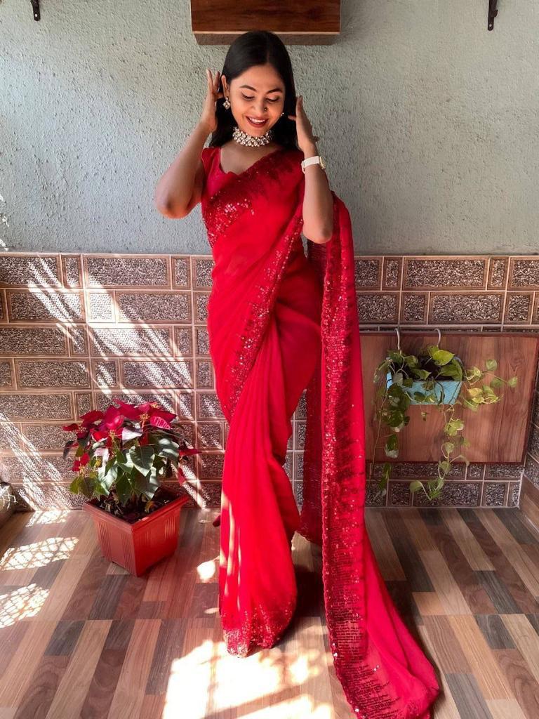 Glimmering Sequence Work Red Color Saree