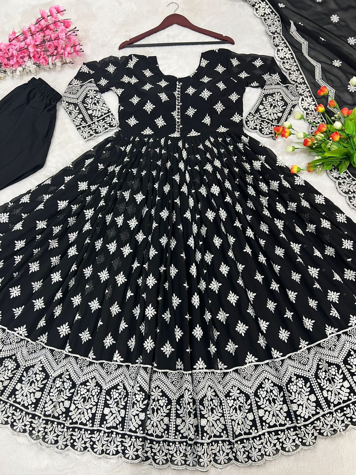 Party Wear Embroidery Work Black Color Gown