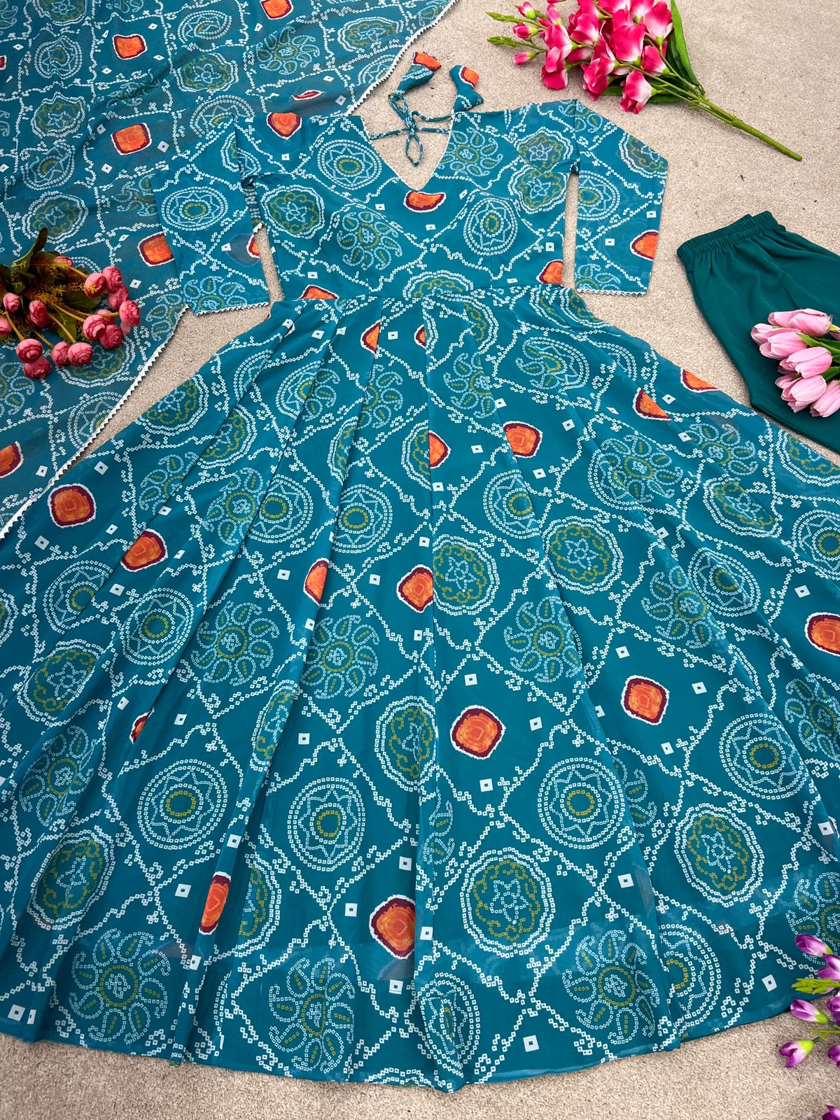 Bandhani Print Teal Blue Color Elegant Gown