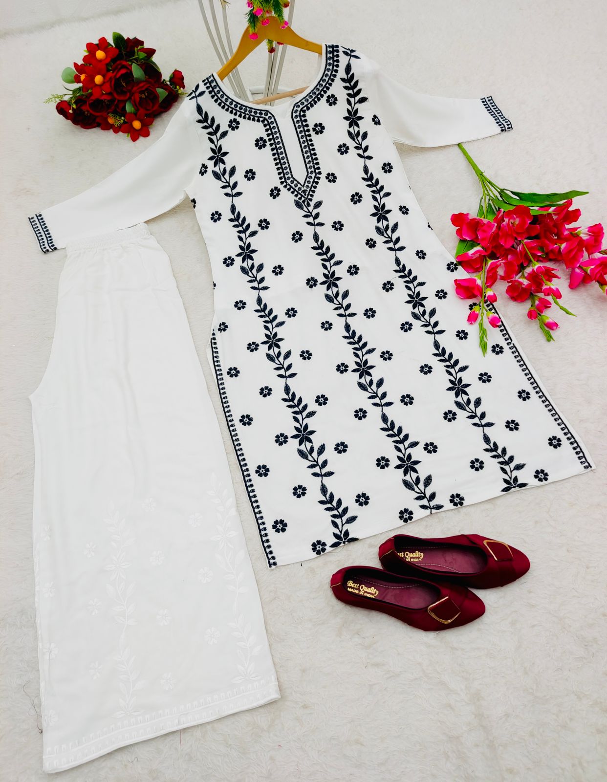 Black Thread Work With White Color Palazzo Suit