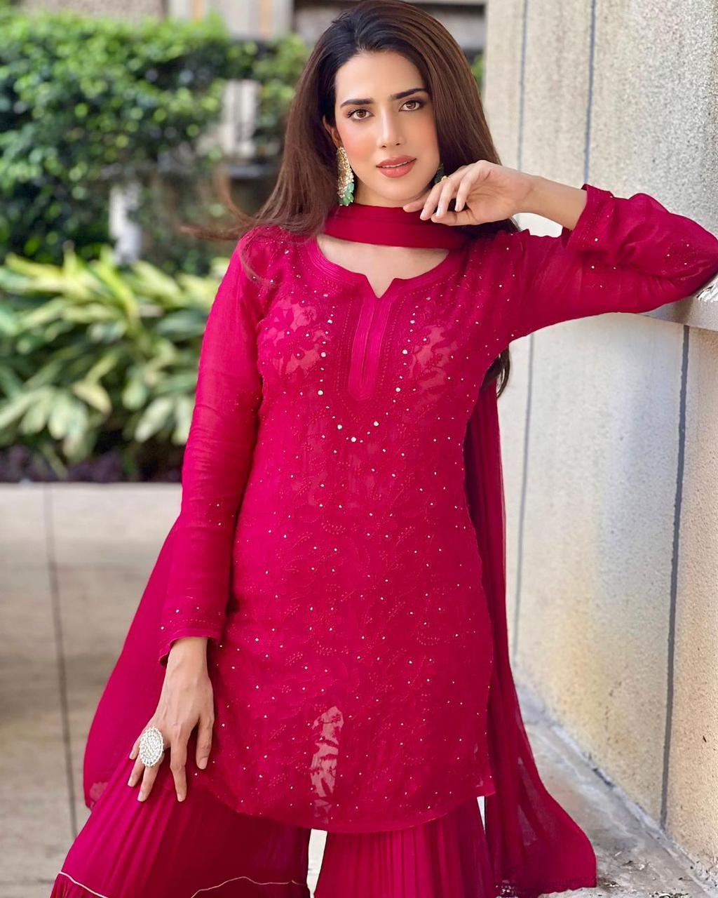 Elegant Dark Pink Embroidery Thread Wotk Sharara Suit