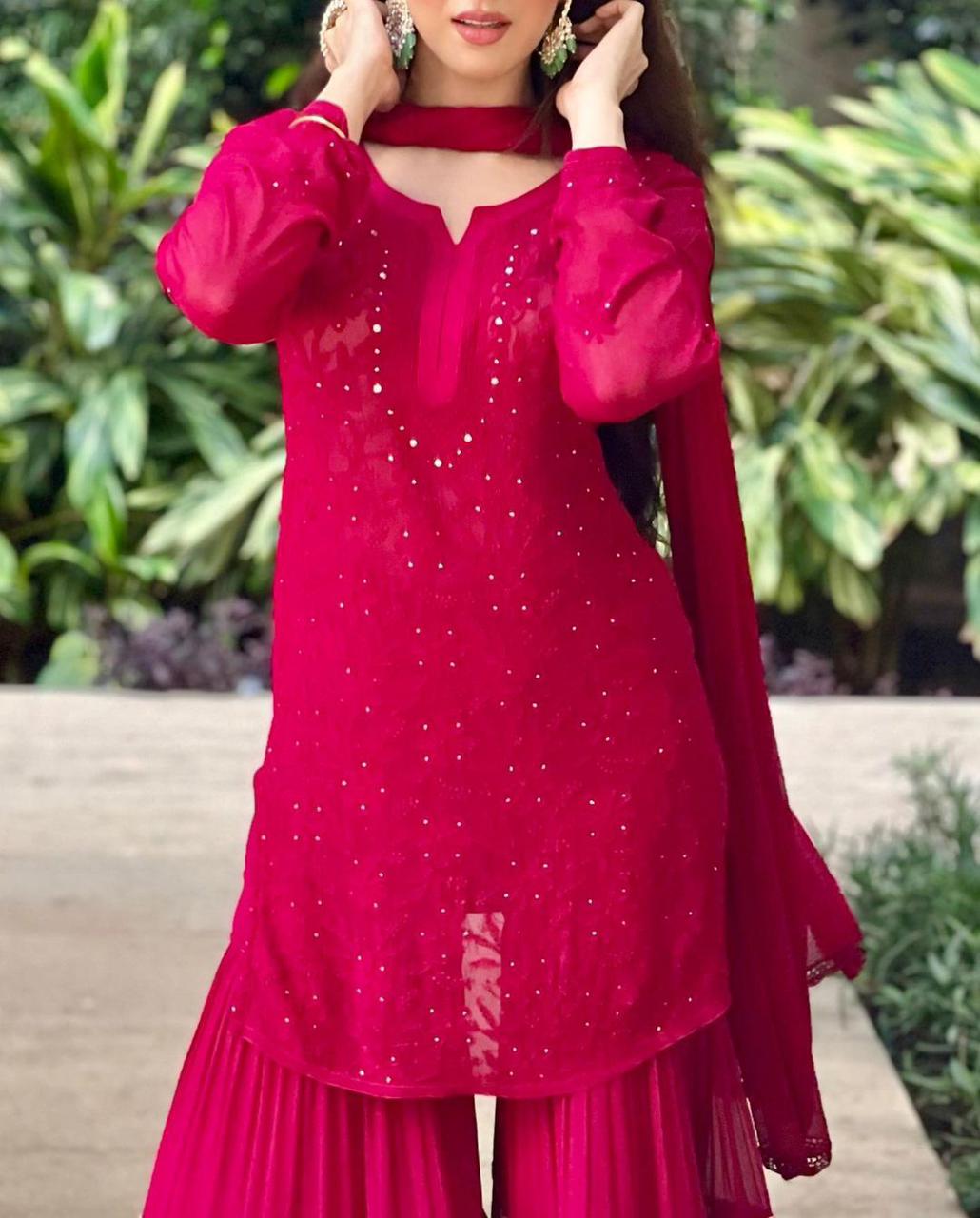 Elegant Dark Pink Embroidery Thread Wotk Sharara Suit