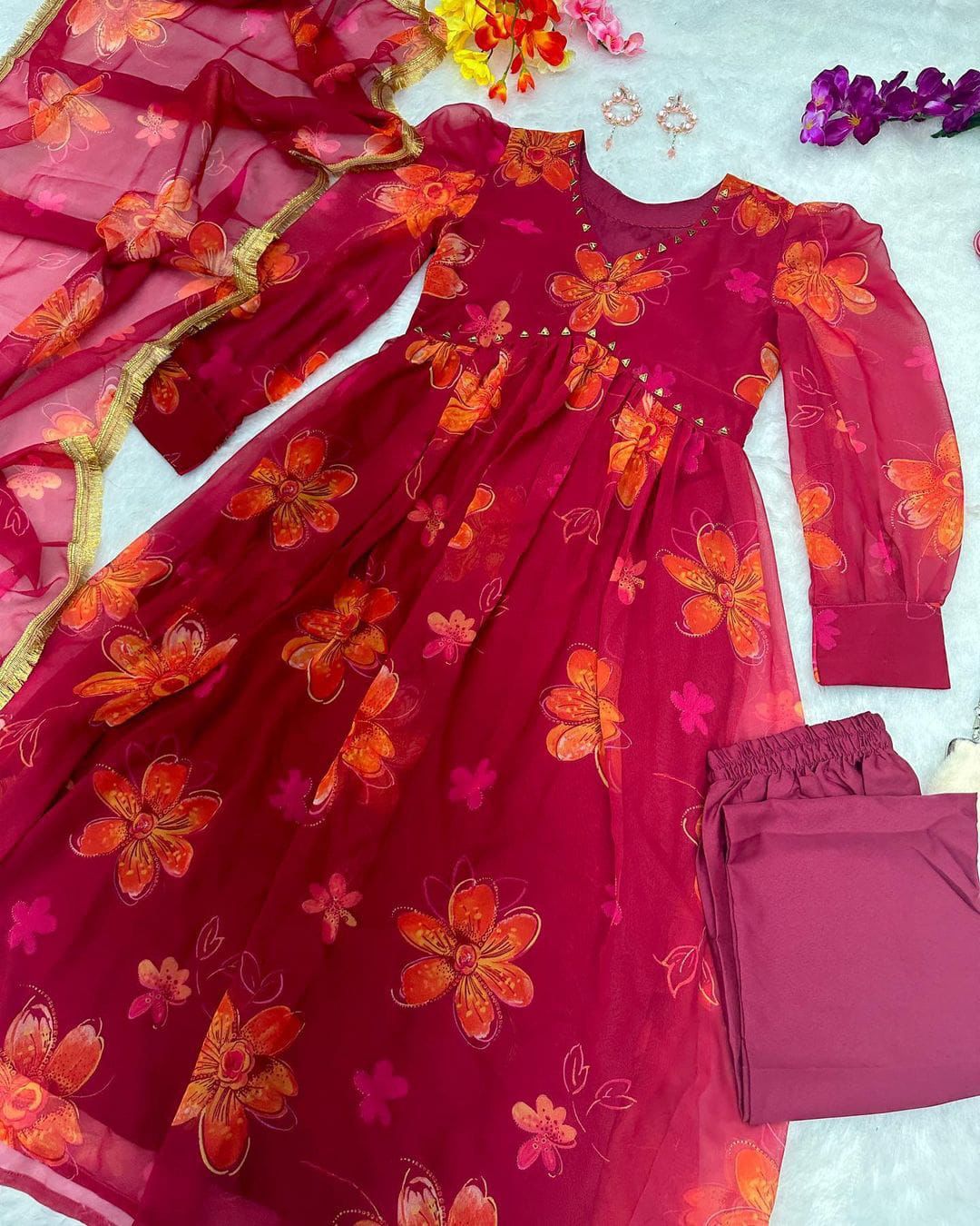 Alia Cut Kurti Design Maroon Color Printed Gown