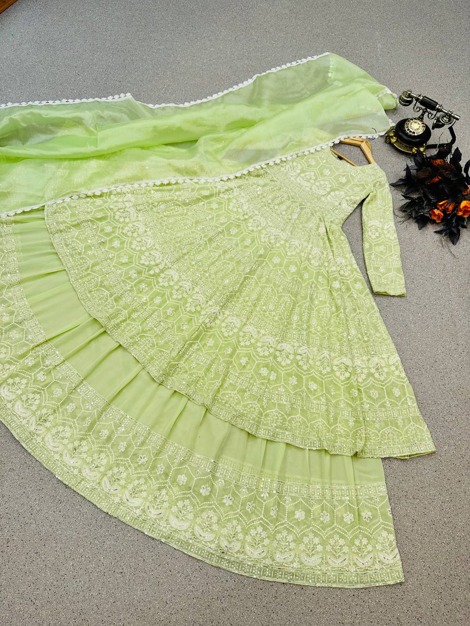 Opulent Pista Green Thread Embroidered Work Top With Lehenga