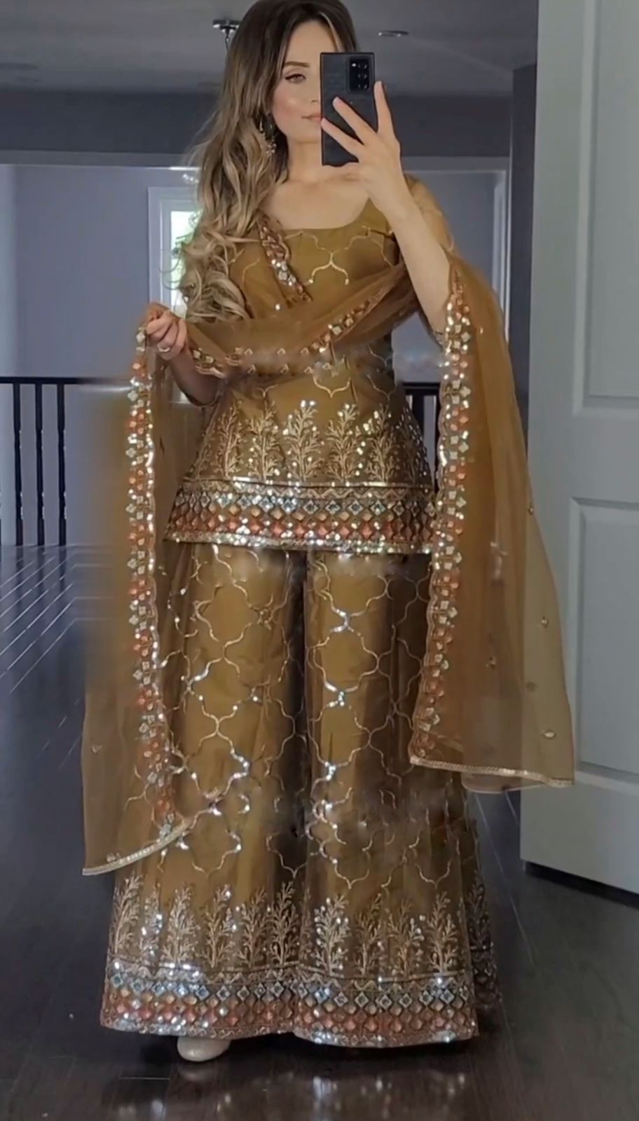 Captivating Mustard Color Embroidery Work Sharara Suit