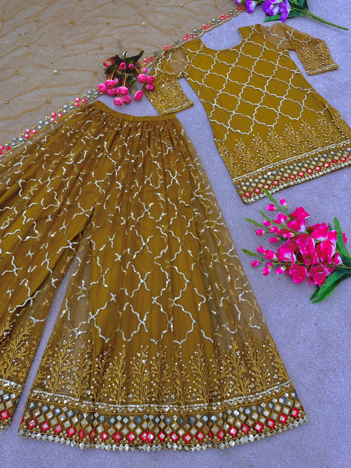 Captivating Mustard Color Embroidery Work Sharara Suit