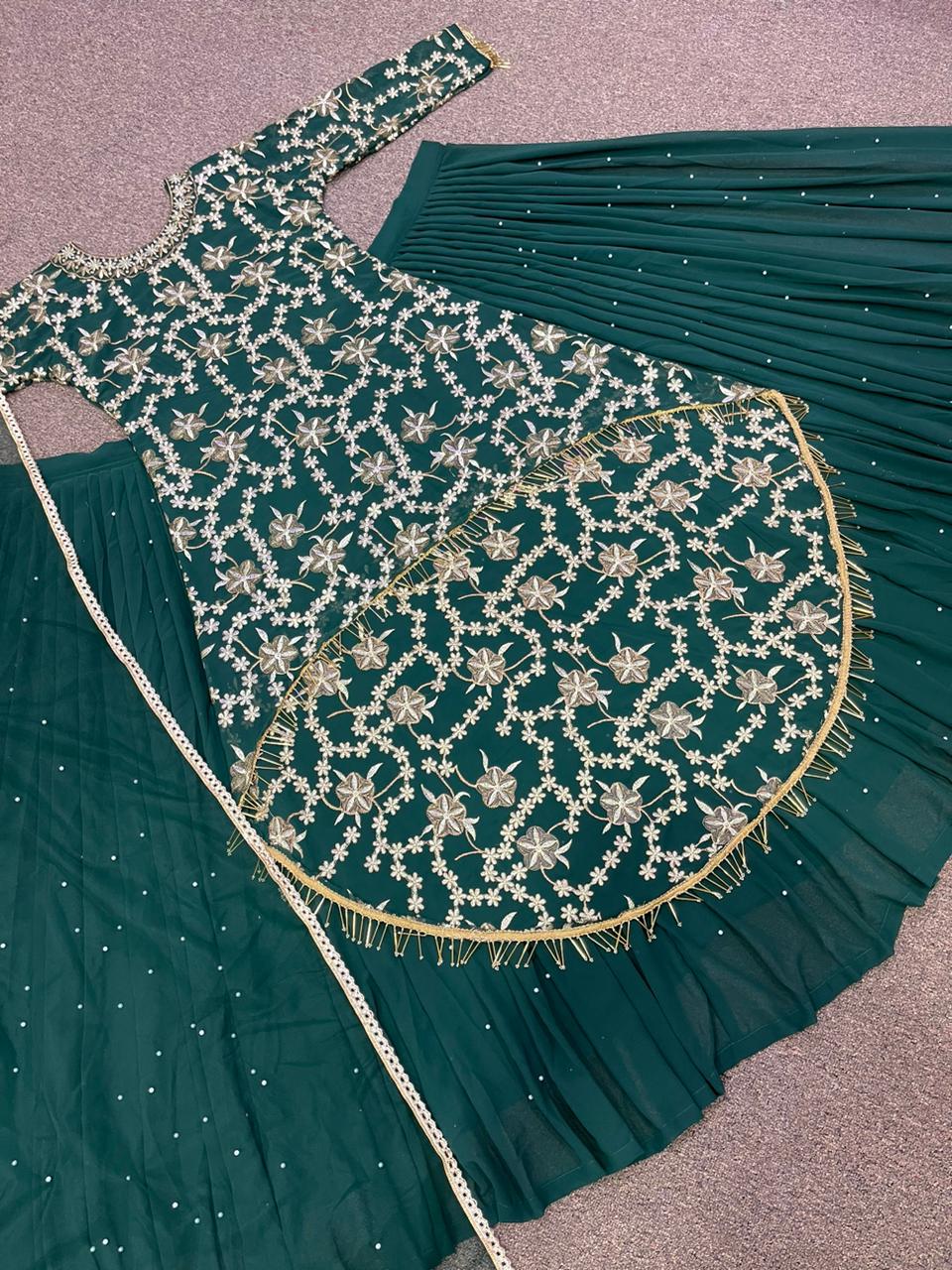 Green Color Embroidery Work Long Short Top With Lehenga