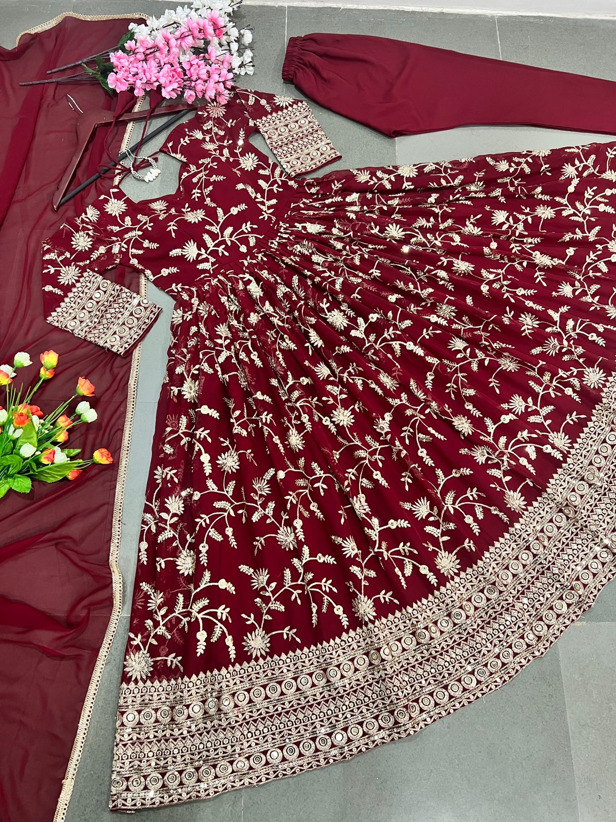 Exclusive Maroon Color Heavy Embroidery Work Gown