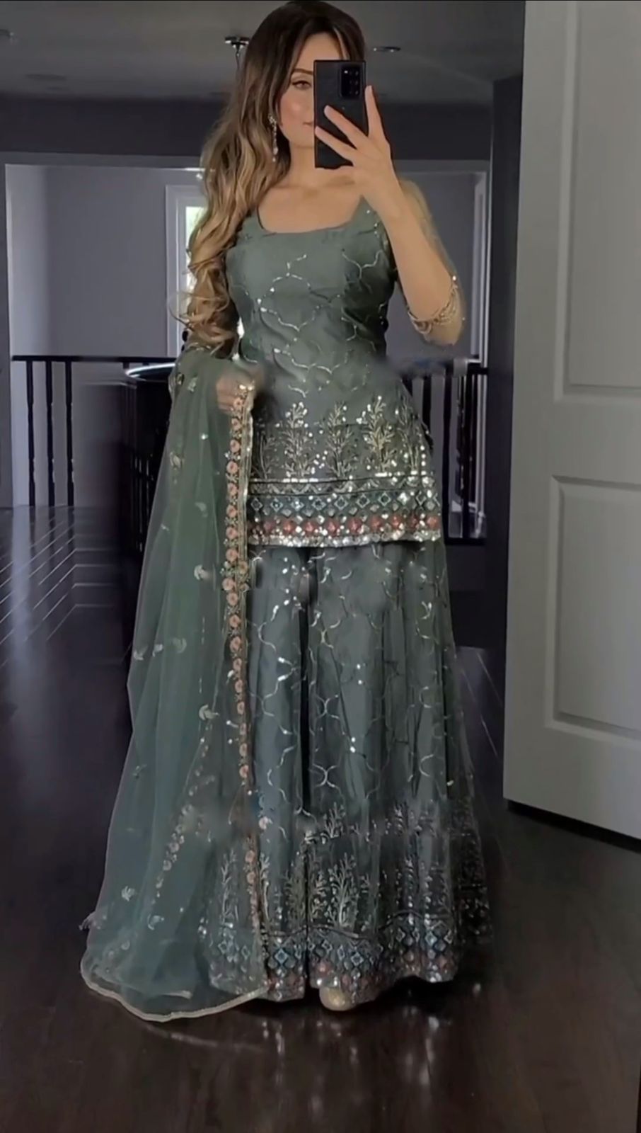 Captivating Gray Color Embroidery Work Sharara Suit