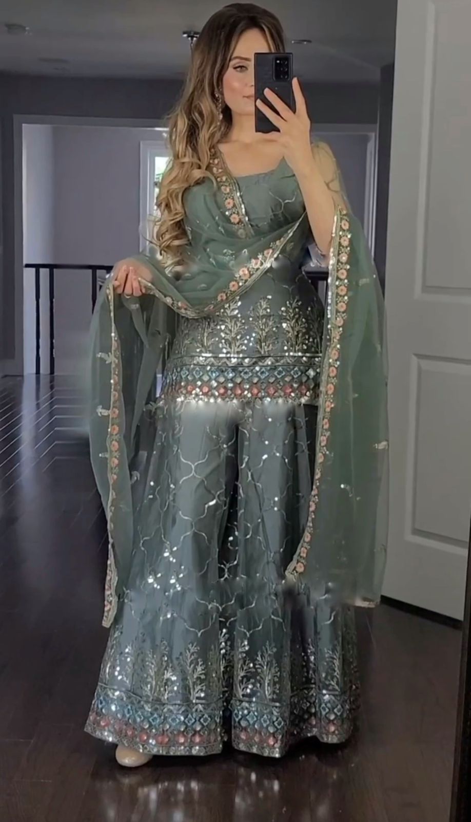 Captivating Gray Color Embroidery Work Sharara Suit