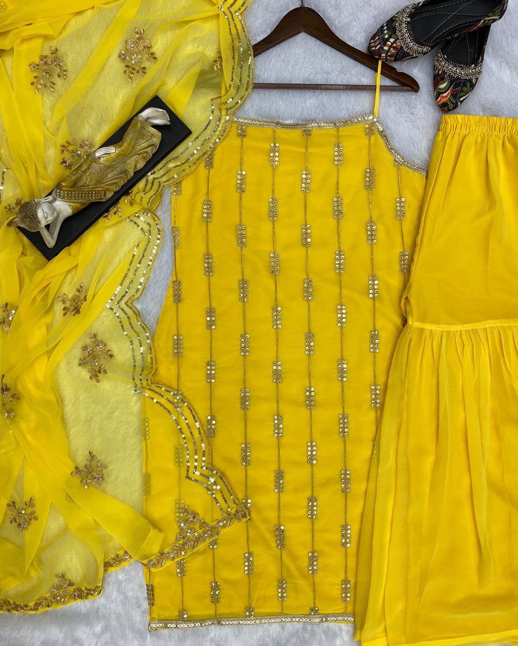 Delightful Yellow Color Sequence Work Haldi Sharara Suit