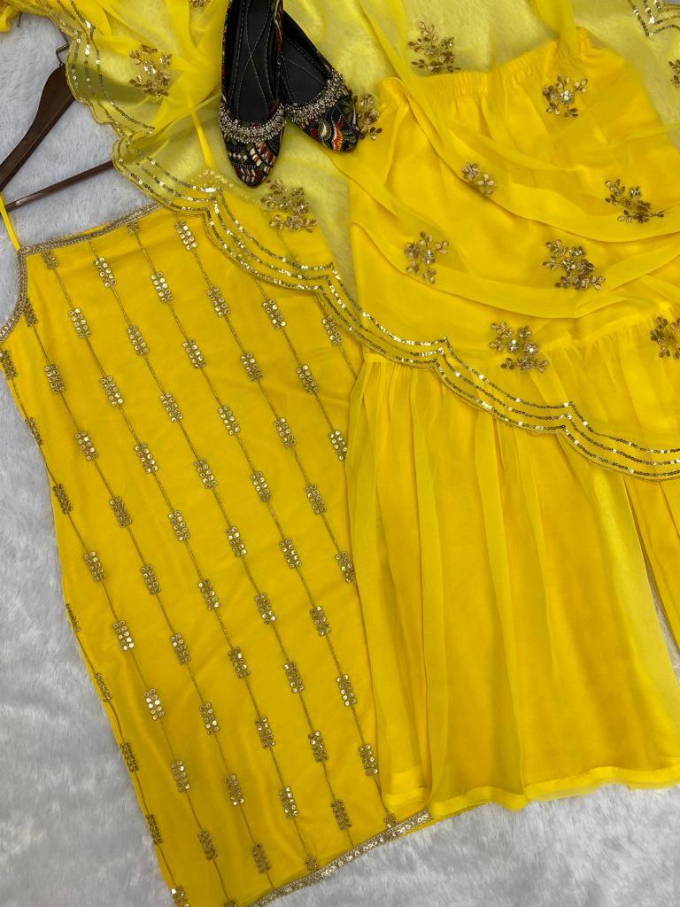 Delightful Yellow Color Sequence Work Haldi Sharara Suit