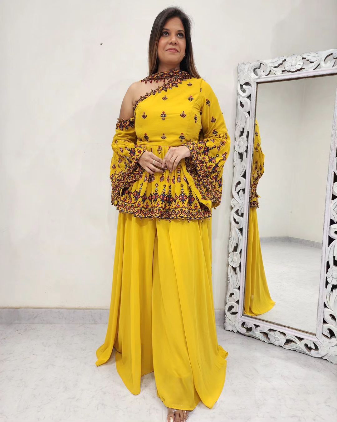 One Shoulder Yellow Color Heavy Work Fancy Palazzo Suit