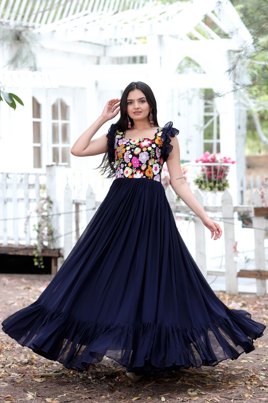 Terrific Navy Blue Color Multi Thread Work Gown