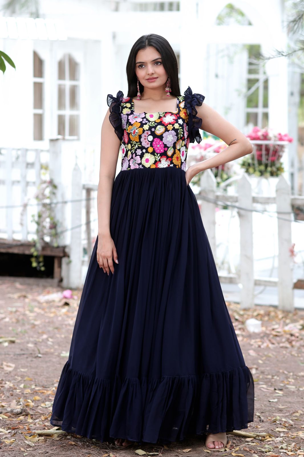 Terrific Navy Blue Color Multi Thread Work Gown