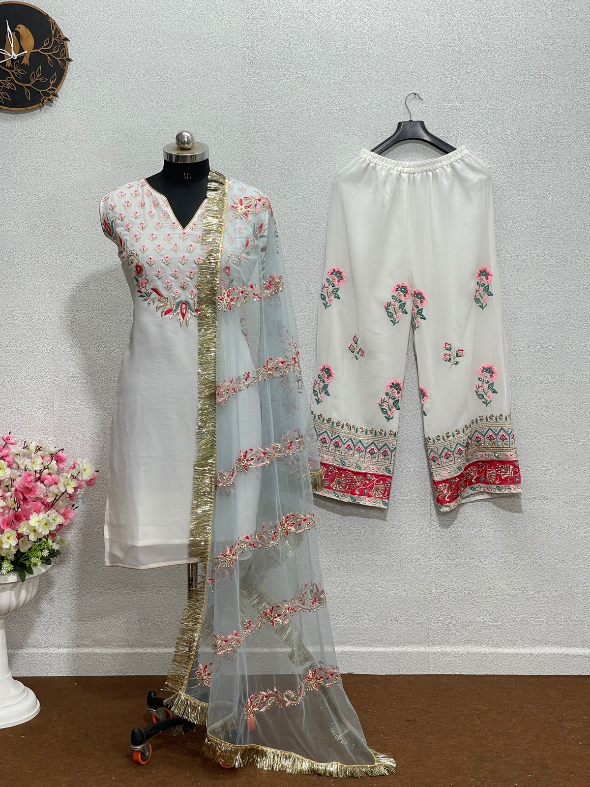 Elegant White Color Embroidered Palazzo Suit