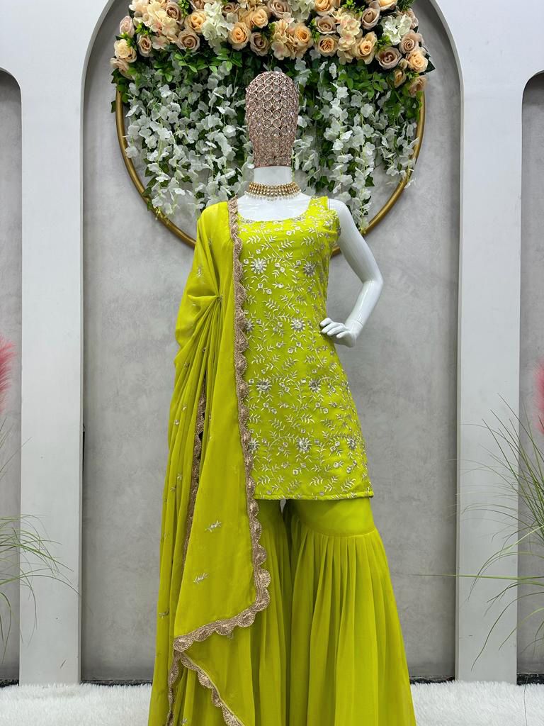 Mesmerizing Parrot Green Color Sharara Suit