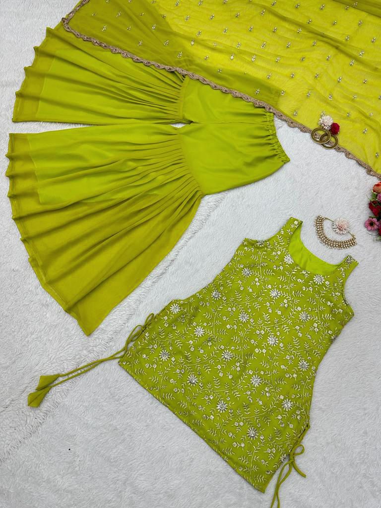 Mesmerizing Parrot Green Color Sharara Suit