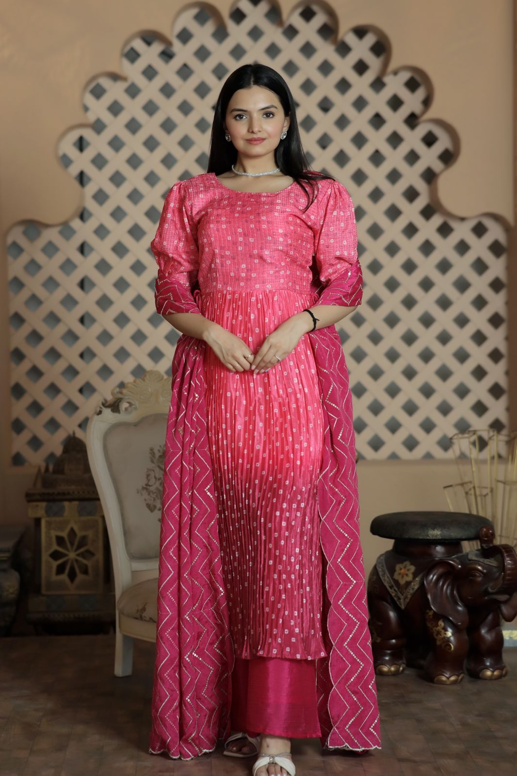 Awesome Pink Color Shade Crush Pleating Sharara Suit