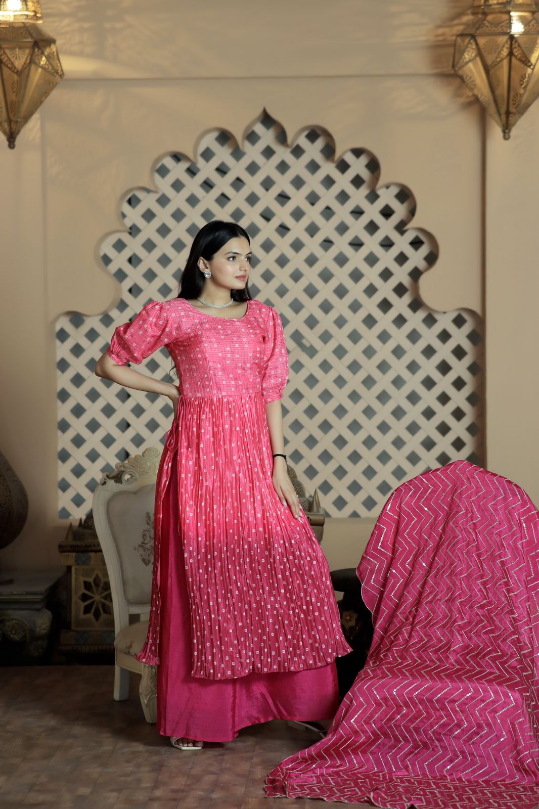Awesome Pink Color Shade Crush Pleating Sharara Suit