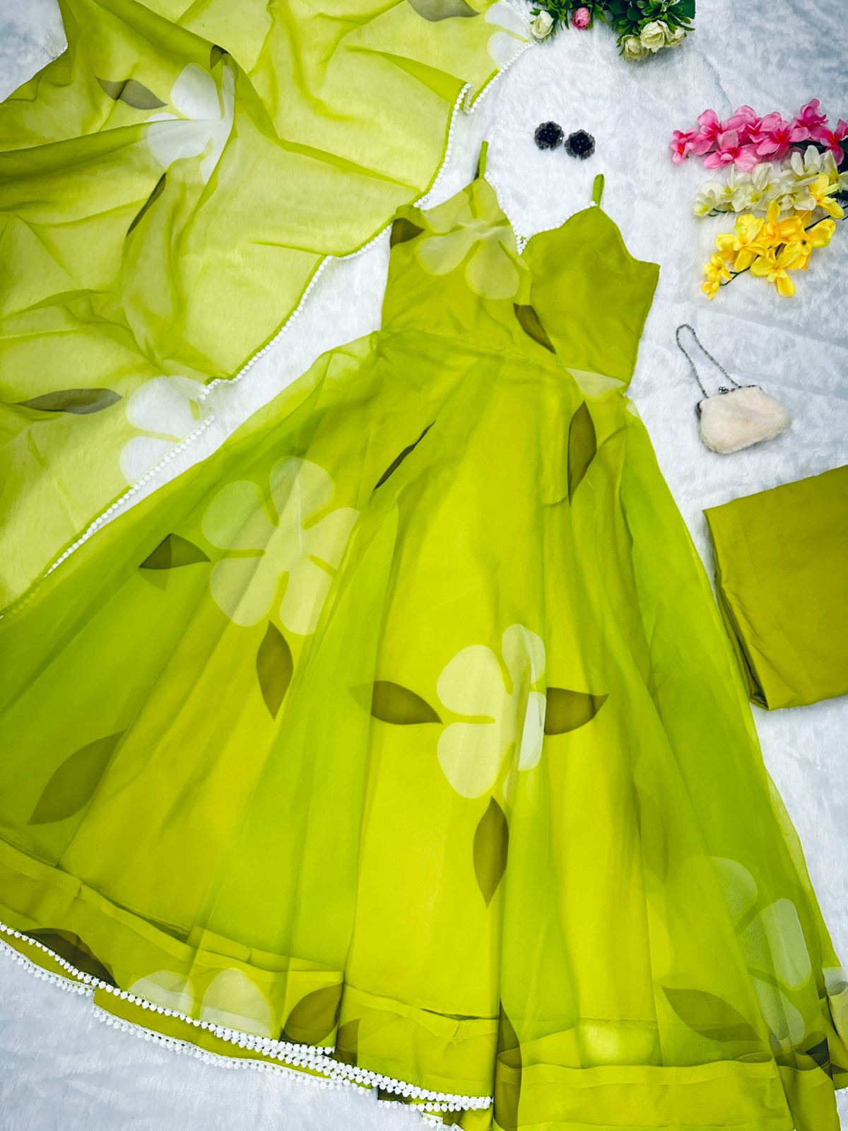 Digital Printed Parrot Green Color Organza Silk Suit