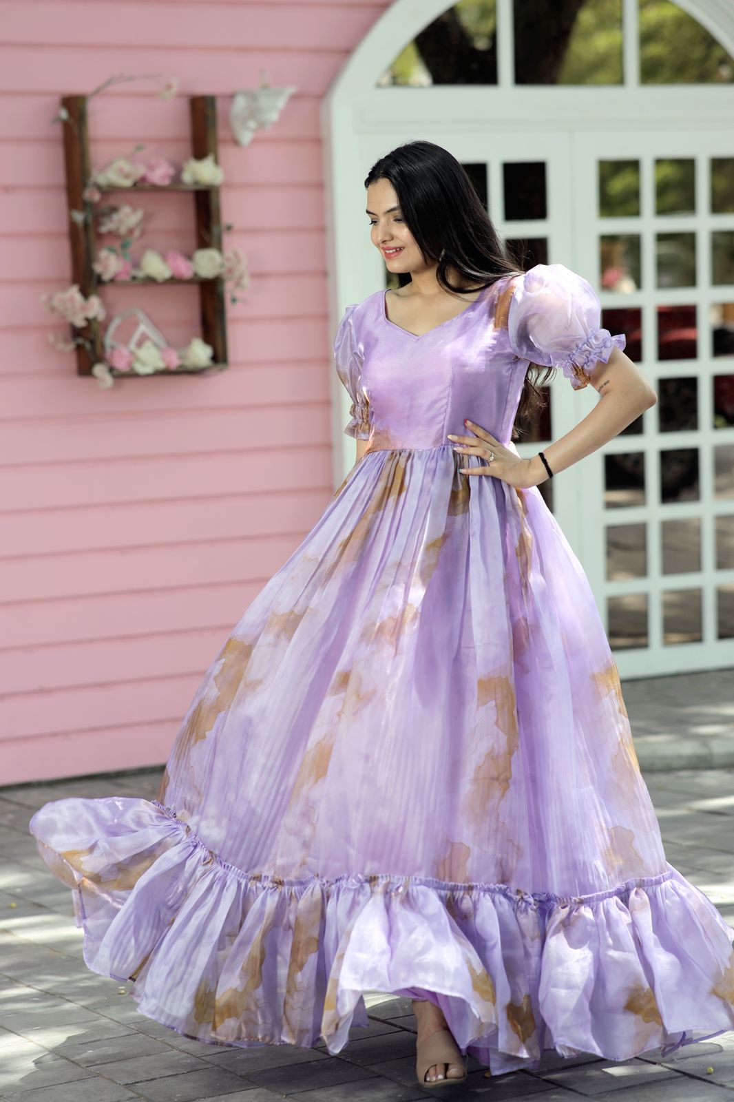 Fancy Puff Sleeve Lavender Color Printed Gown