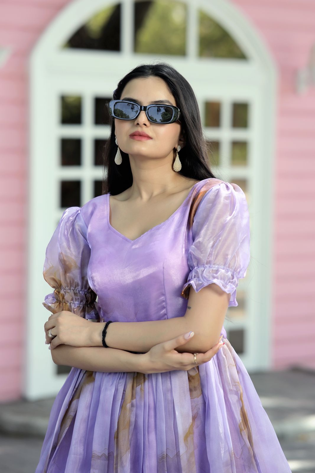 Fancy Puff Sleeve Lavender Color Printed Gown