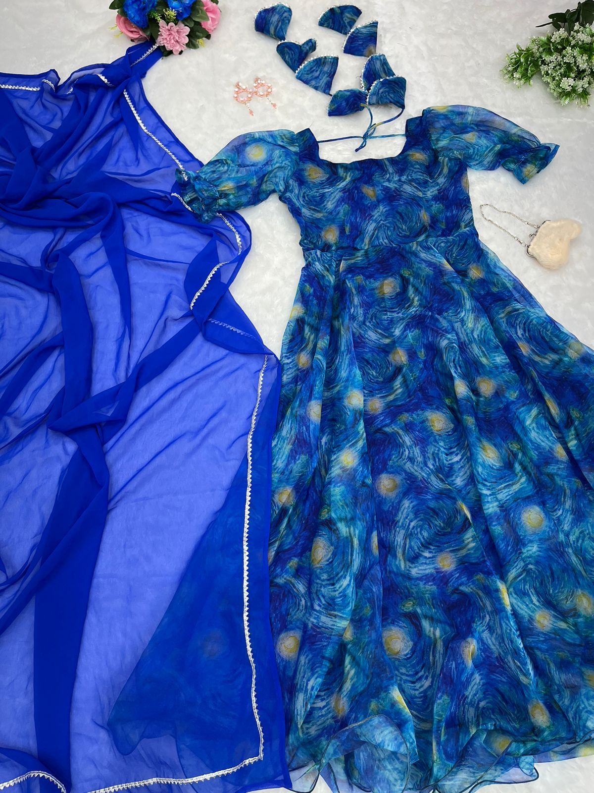 Trendy Blue Color Organza Silk Digital Printed Gown