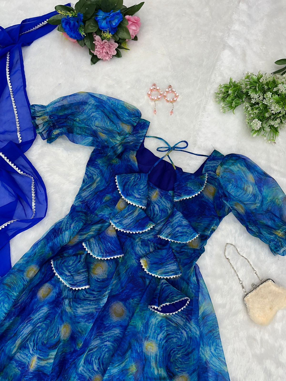 Trendy Blue Color Organza Silk Digital Printed Gown