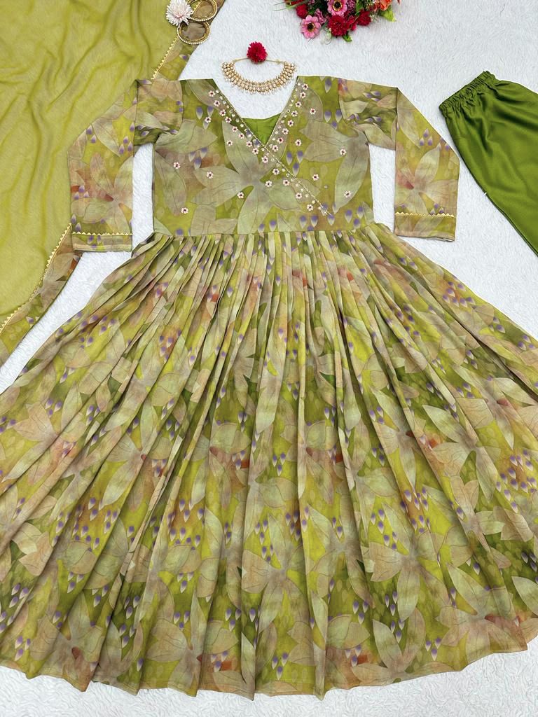 Decent Green Color Hand Work Digital Print Gown