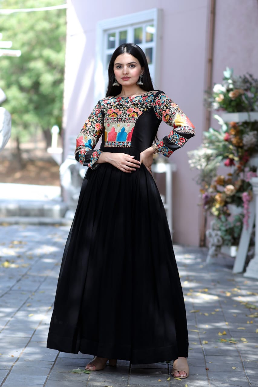 Designer Multi Thread Work Black Color Gown