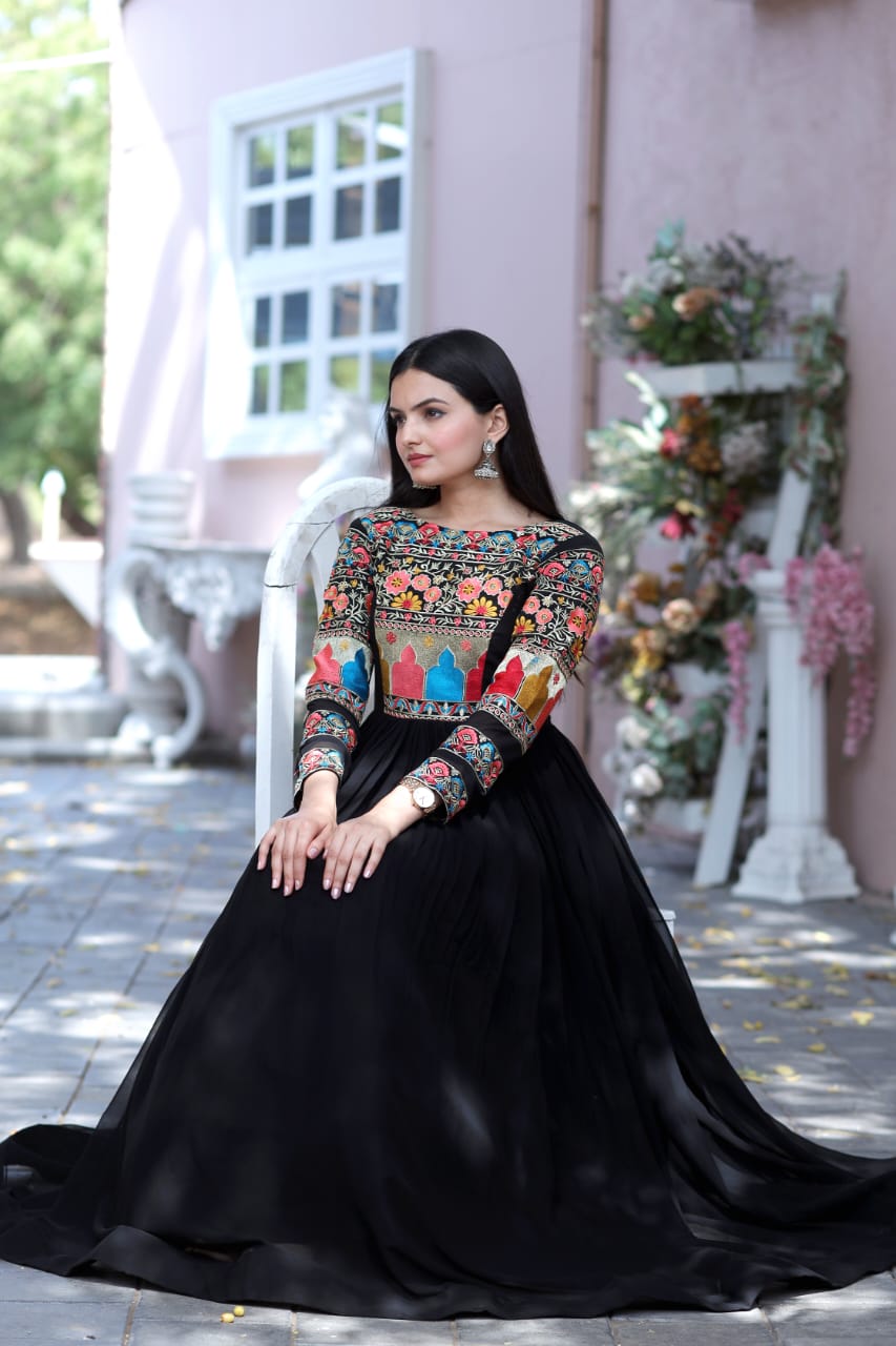 Designer Multi Thread Work Black Color Gown