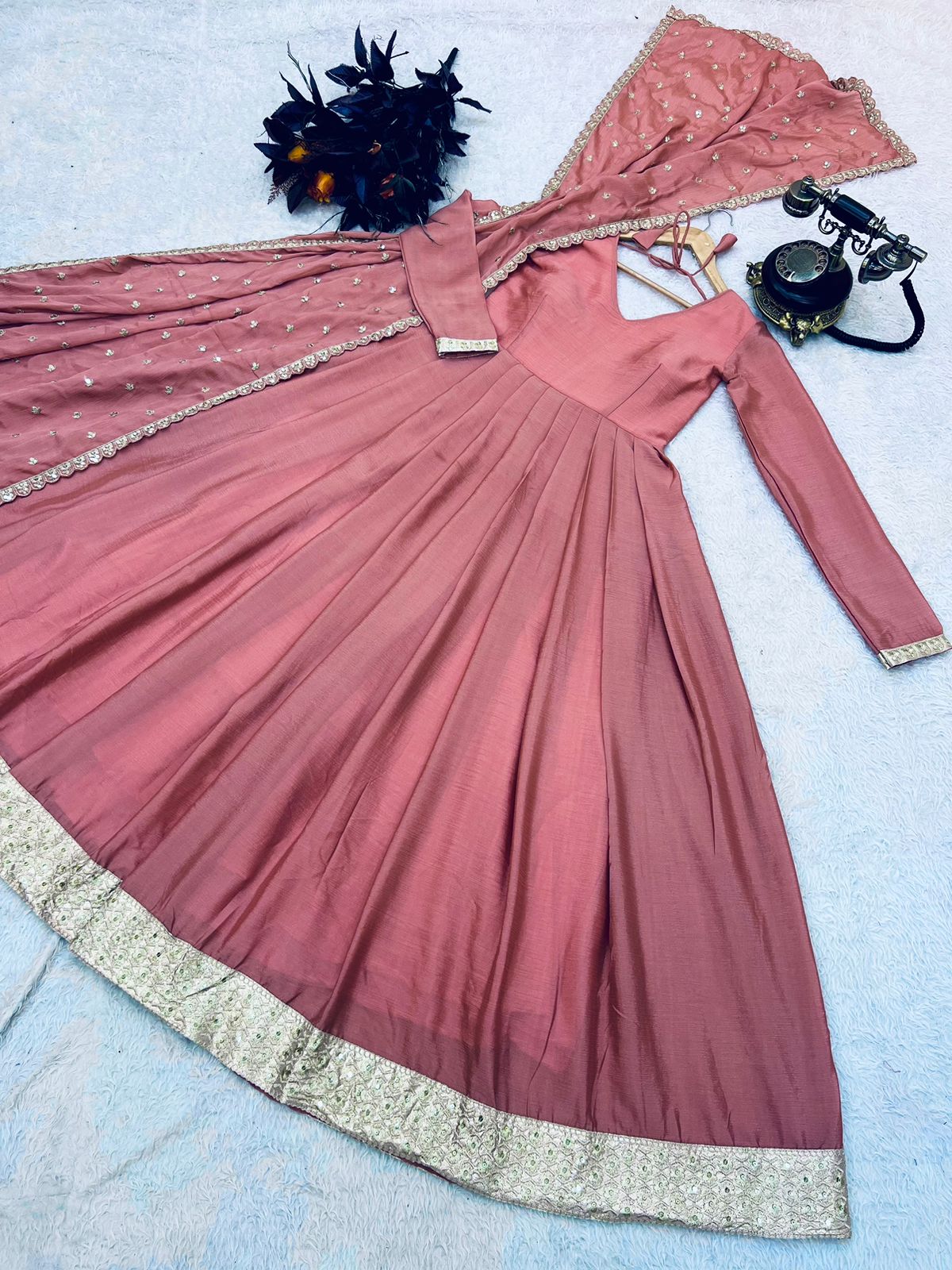 Fabulous Peach Color Embroidery Work Long Gown