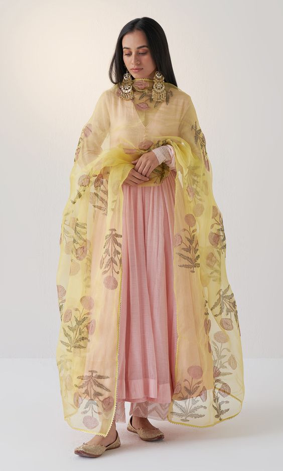 Peach Color Gown With Palazzo And Organza Dupatta