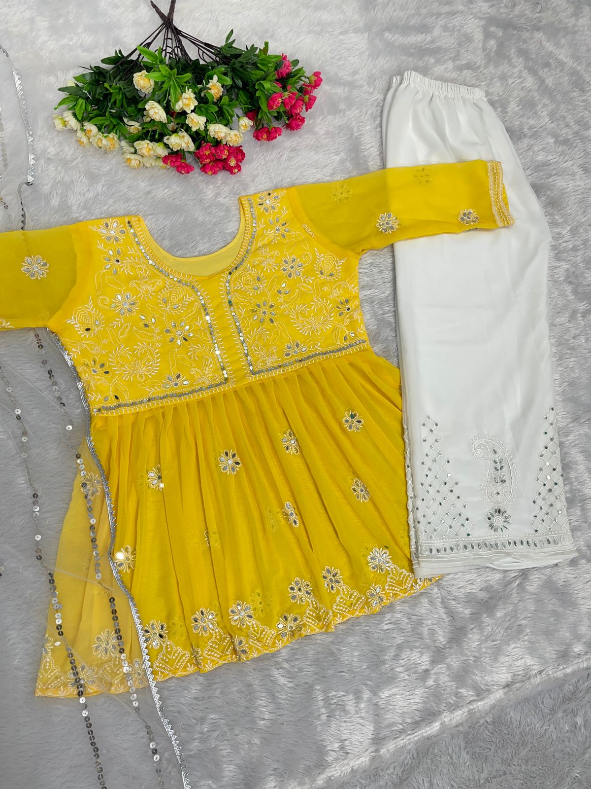 Party Wear Mirror Work Yellow Color  Palazzo With Top