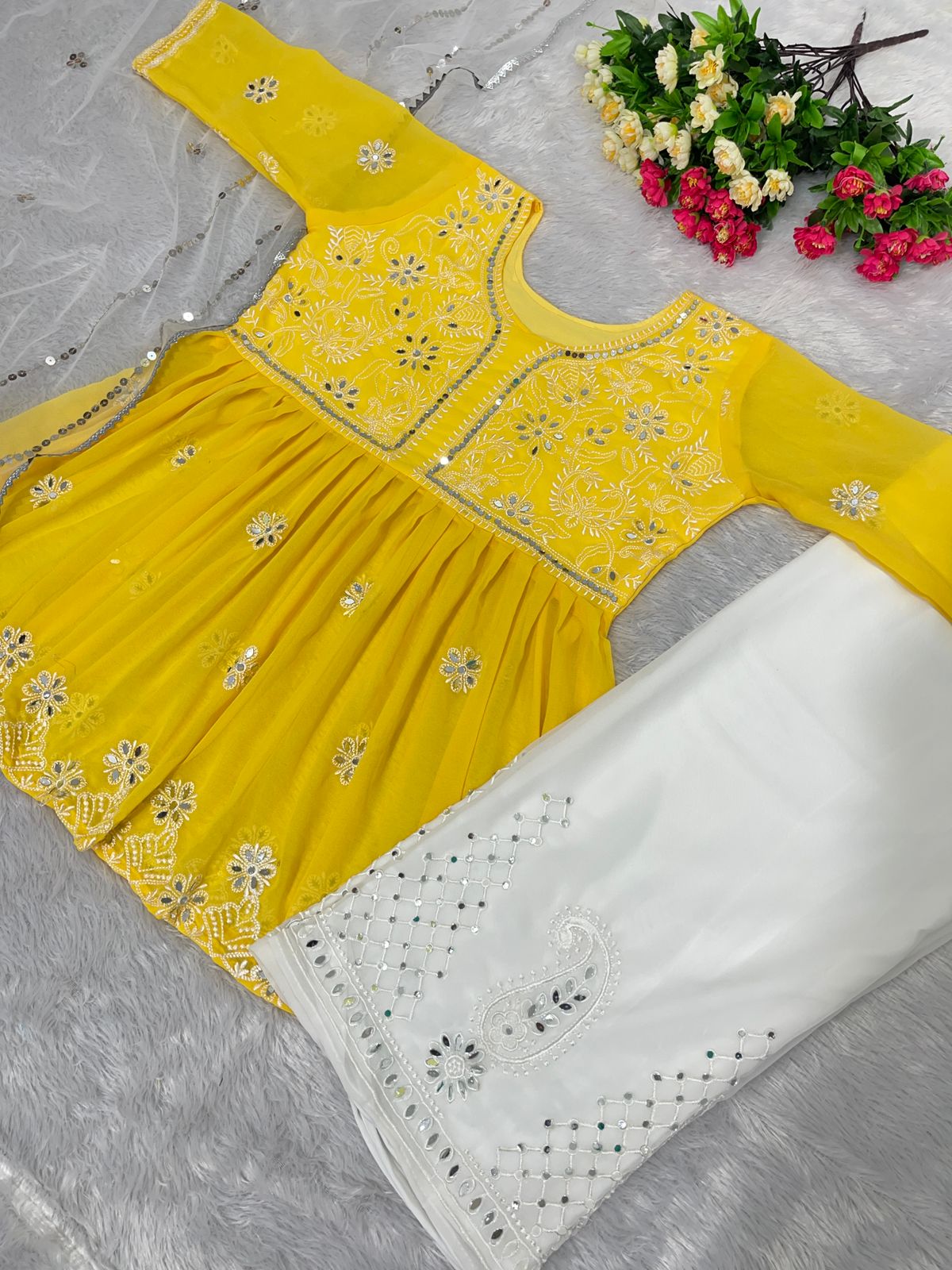 Party Wear Mirror Work Yellow Color  Palazzo With Top