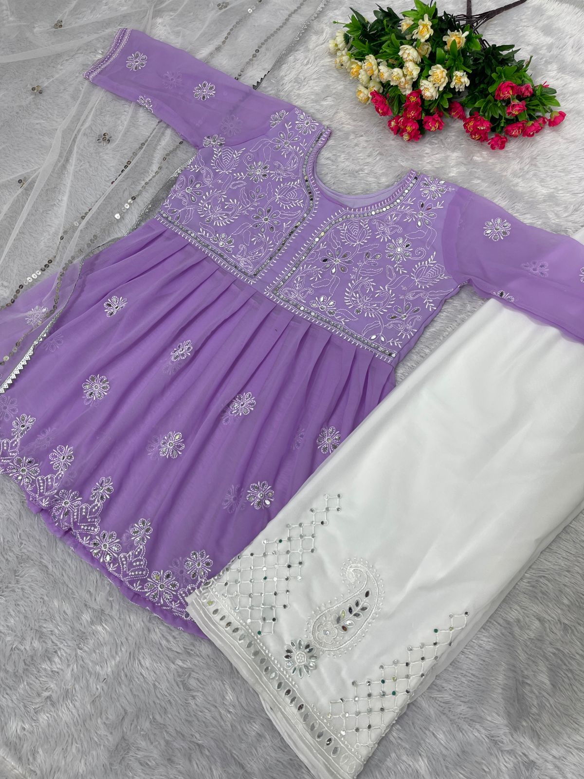 Party Wear Mirror Work Lavender Color  Palazzo With Top