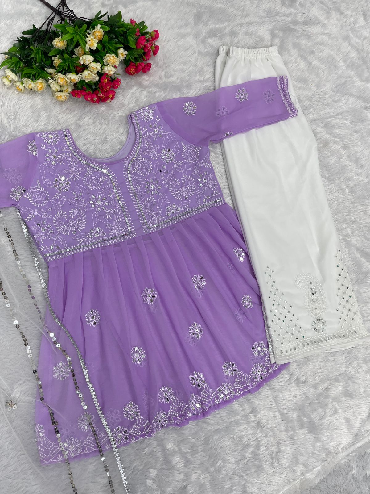 Party Wear Mirror Work Lavender Color  Palazzo With Top