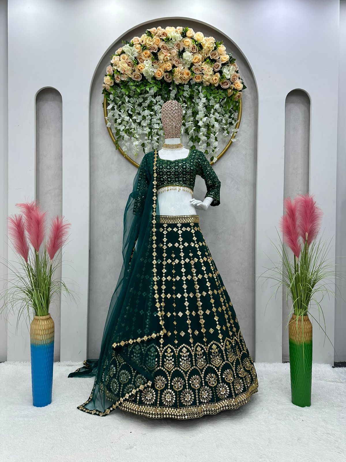 Mehndi Ceremony Wear Dark Green Color Lehenga Choli