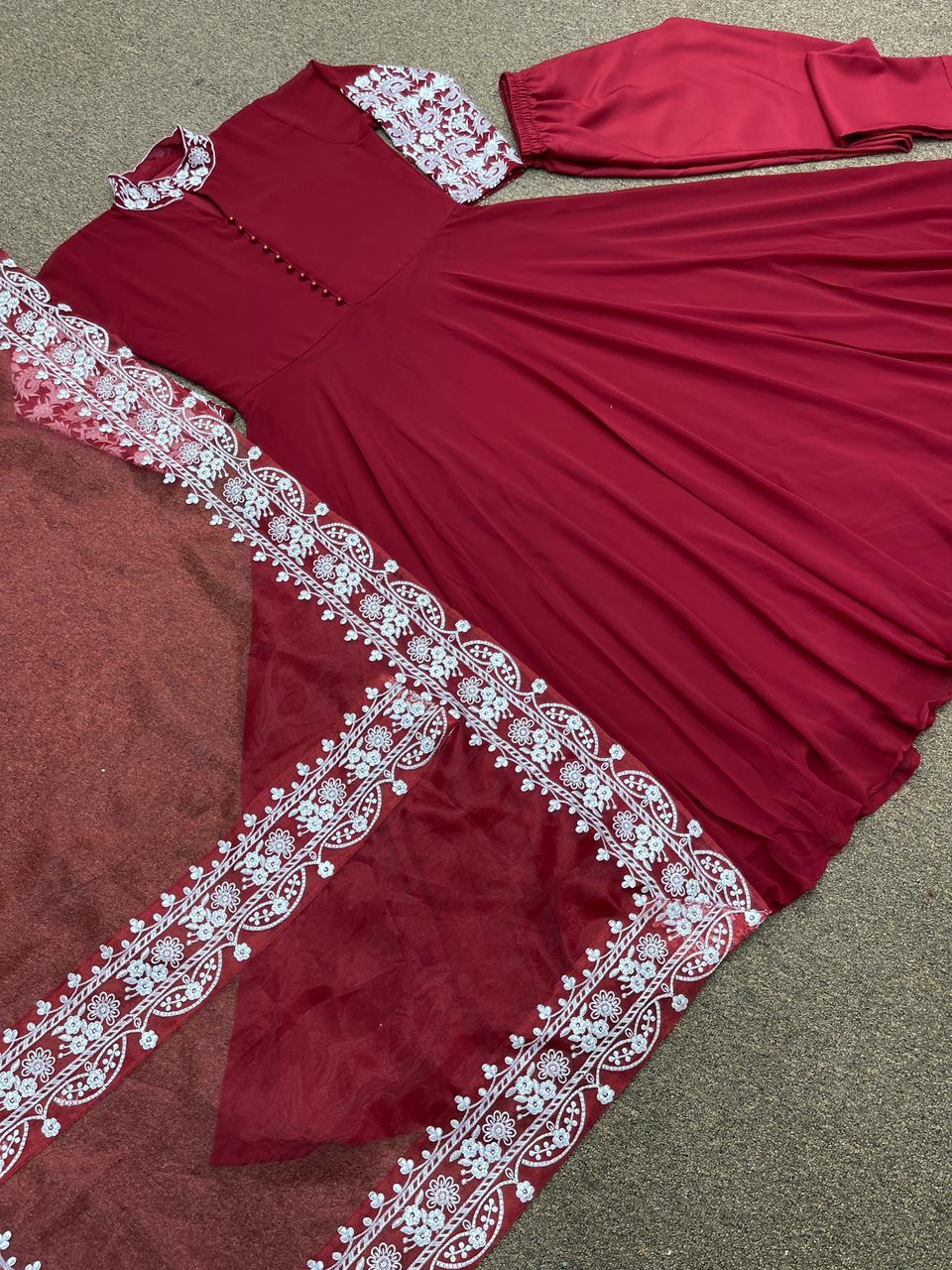 Exclusive Embroidery Work Maroon Color Gown