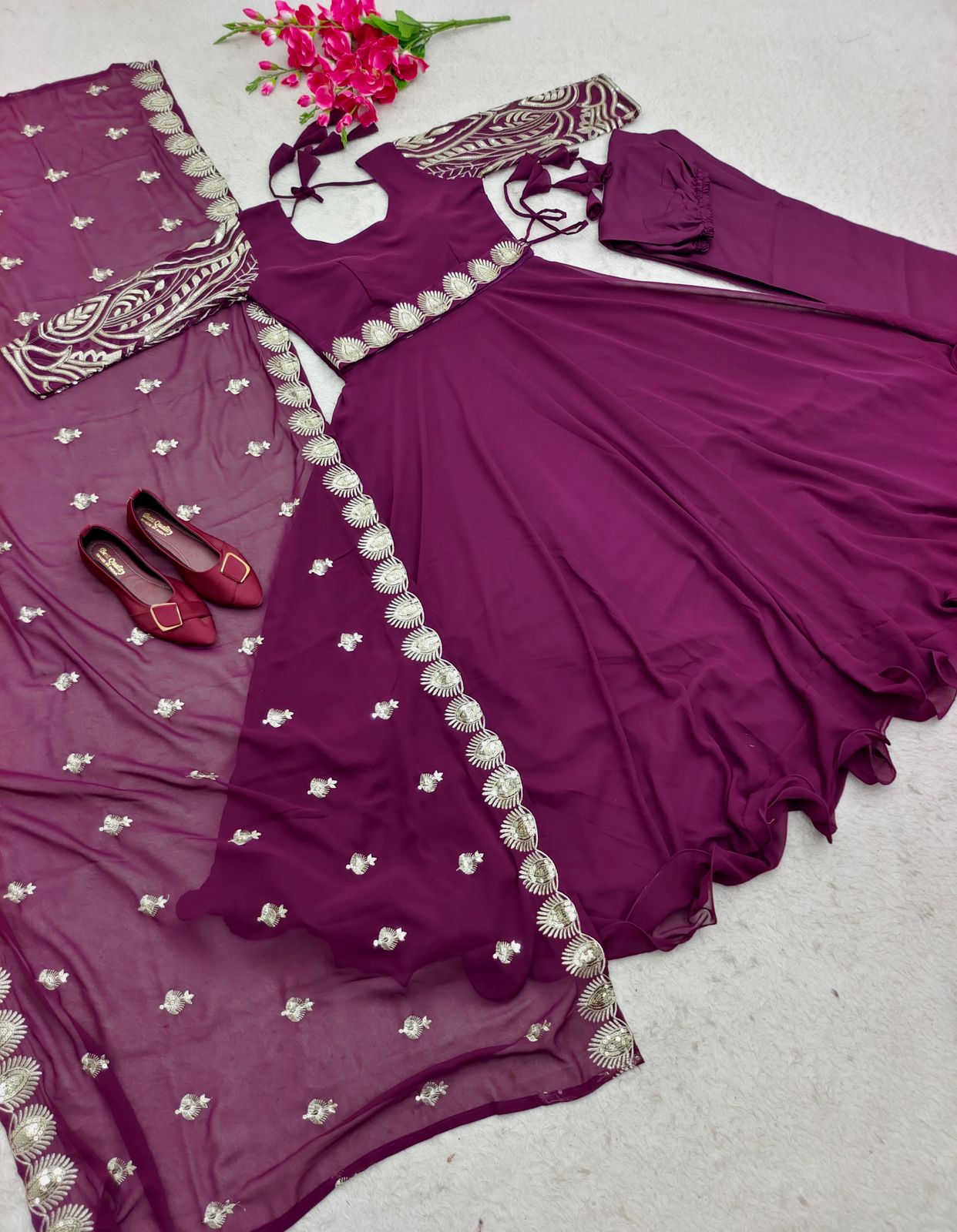 Full Embroidery Work Sleeve Wine Color Anarkali Gown